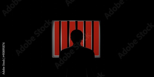 Man silhouette behind jail bars looking out. Person standing inside of the prison and looking in freedom. 3d rendering illustration.