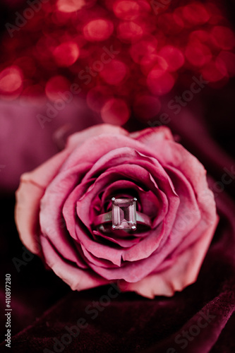 Romantic setting with an engagement ring on a Valentine's day