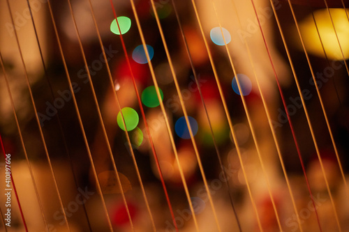 Fototapeta Christmas Lights through  harp stings - close
