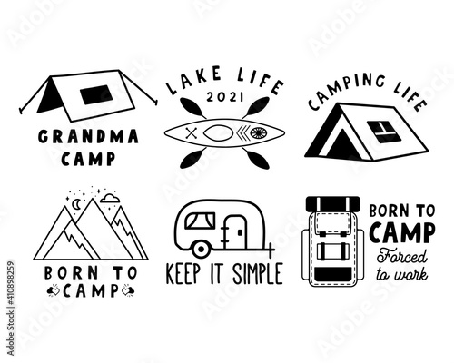 Camp badges set designs. Camping crest logos with mountains, tents, canoe and RV trailer. Travel labels isolated. Stock vector graphics emblems