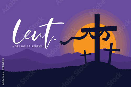 Tableau sur toile Lent, a season of renewal banner with crucifix on the hill in sunset and purple