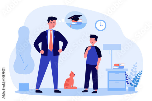 Angry father talking with son about poor study. School, pupil, dad flat vector illustration. Family upbringing and education concept for banner, website design or landing web page