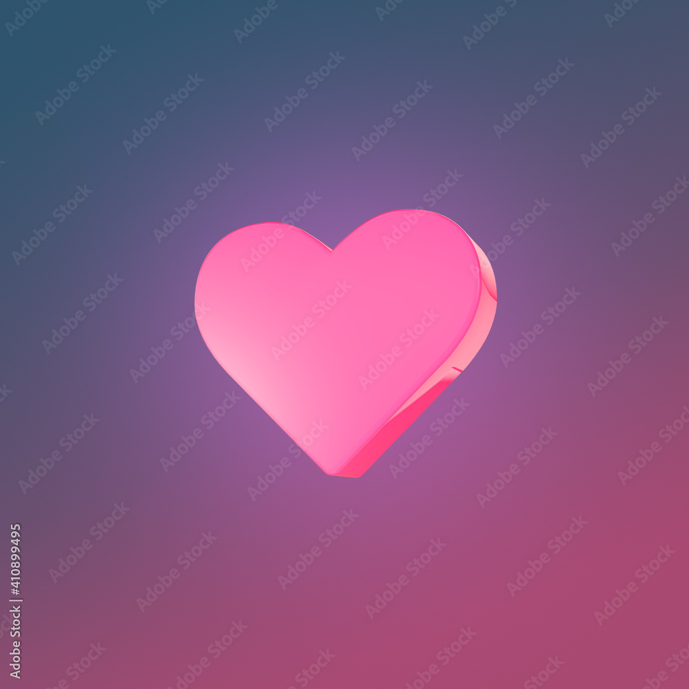 Pink glowing, glossy 3d heart on dark color gradient.