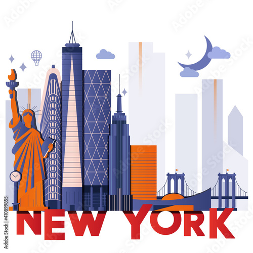 New York culture travel night set, famous architectures and specialties in flat design. Business travel and tourism concept clipart. Image for presentation, banner, website, flyer, roadmap, icons