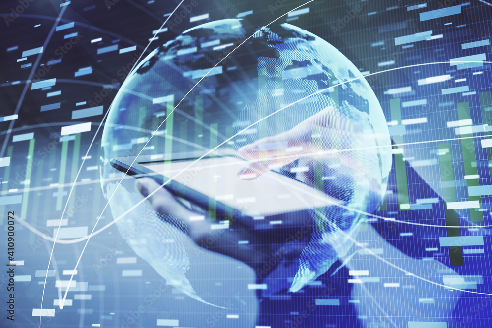 Double exposure of business theme sketch hologram and woman holding and using a mobile device. Double exposure of business theme sketch hologram and woman holding and using a mobile device.
