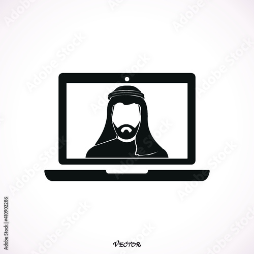 Businessman muslim, laptop.   Online Training icon. Simple element illustration. Online Training symbol arab, islam. Isolated vector illustration.