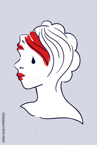 Female mental health - minimalist vector illustration. Surreal portrait of double face woman with fake smile. Bipolar disorder, narcissistic or personality disorder, schizophrenia and personality