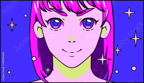 Kawaii anime girl. Concept of animated TV show with smiling cheerful cartoon character.