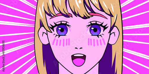 Kawaii anime girl. Concept of animated TV show with smiling cheerful cartoon character.