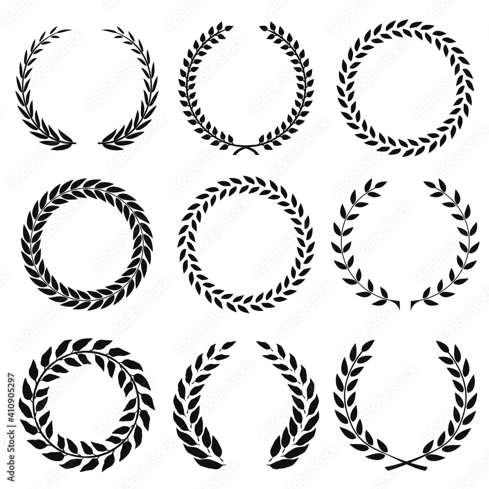 Set of black and white rounded laurel foliate and wheat wreaths Set of black and white rounded laurel foliate and wheat wreaths