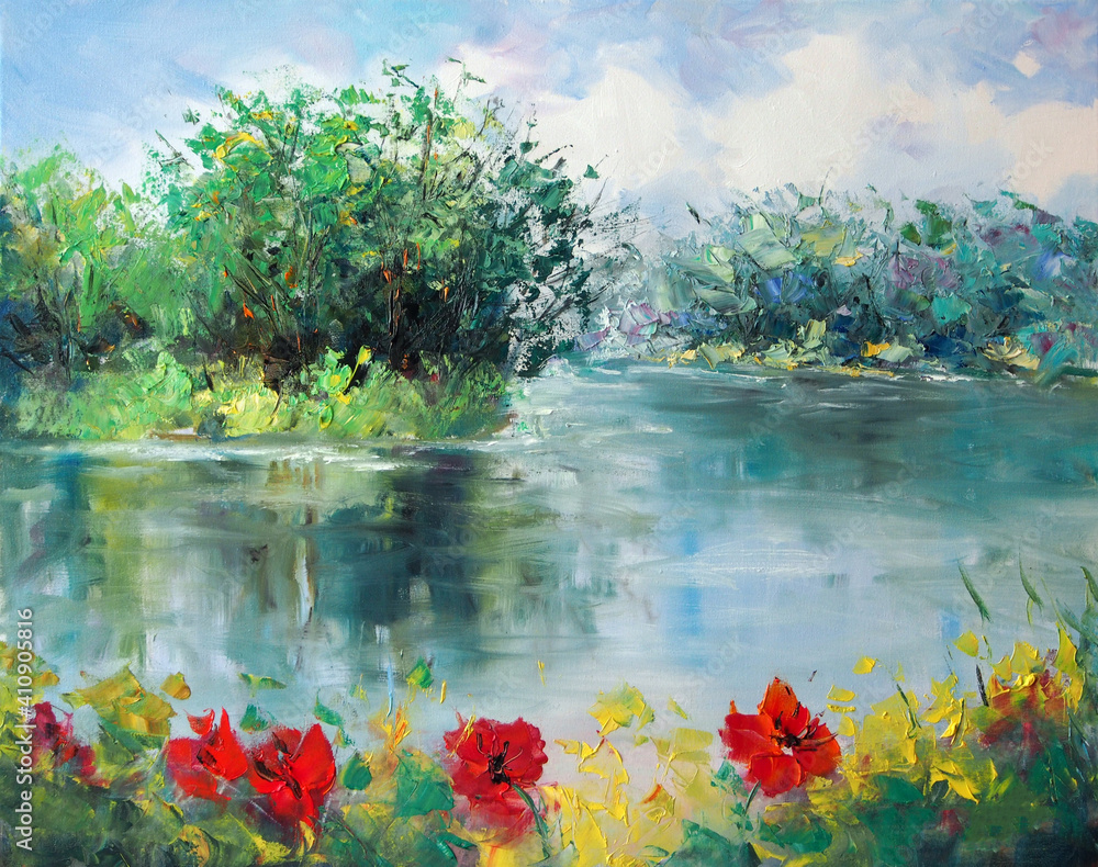 Obraz Oryginalny obraz olejny na płótnie-czerwone maki w pobliżu rzeki-abstrakcyjny krajobraz sztuki nowoczesnej-ręcznie malowana sztuka współczesna