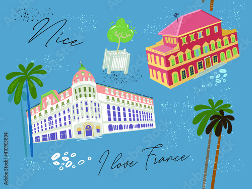 I love Nice, France, the Côte d'Azur. Seamless pattern, beautiful buildings in neoclassical style. Vector illustration.