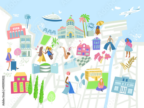 Rest by the sea. Resort town map. Background for design. Vector illustration.