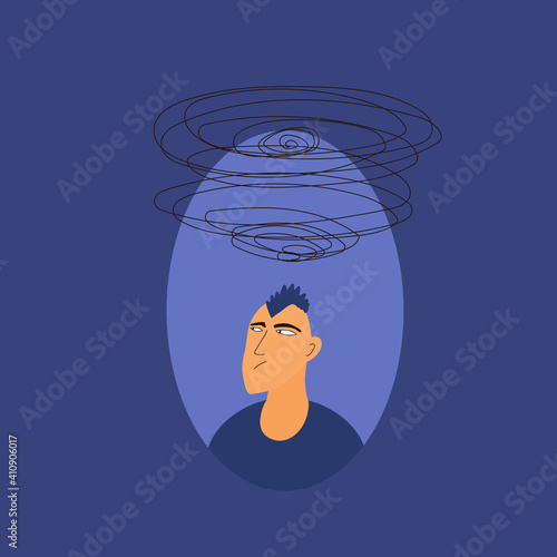 Depression. Portrait of boy with some mental issues. Male teenager with lot of confusing thoughts. Young man with bad mood. Person with special needs. Vector flat icolor llustration.