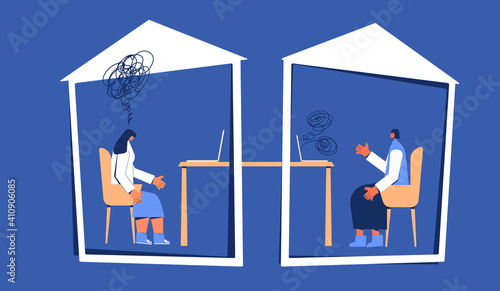 Online stress therapy scene. Teletheraphy. Color vector flat.