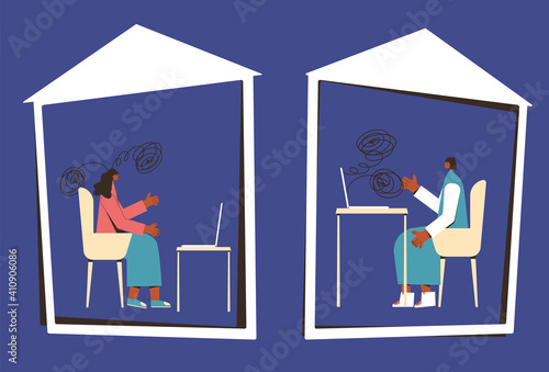 Online stress therapy scene. Telemedicine. Color vector flat.