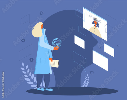 Online stress therapy scene. Psychological remotehelp. Color vector flat.