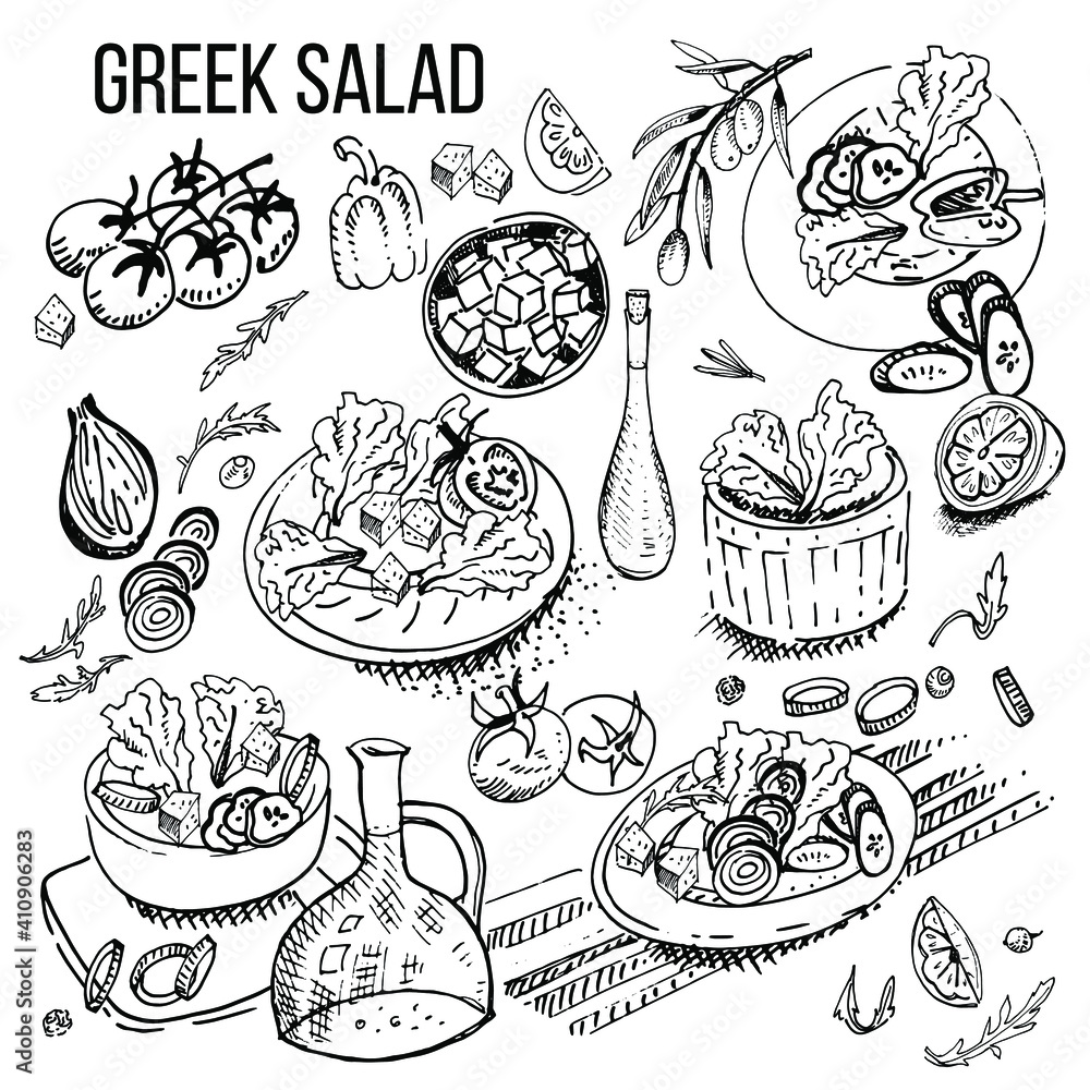 Greek vegetable fresh salad: feta cheese, tomato, herbs, cucumber, pepper. Graphics, sketch, vector illustration.