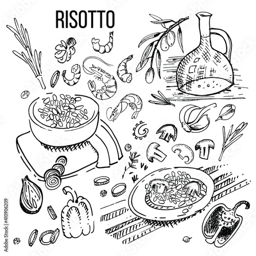 Risotto with seafood, mushrooms. Graphics, sketch, vector illustration.