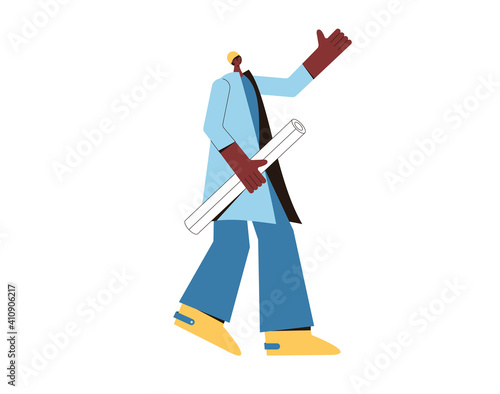 Constructor, builder man. Male engineer or  architect in safety helmet isolated on white background. Vector flat illustration.