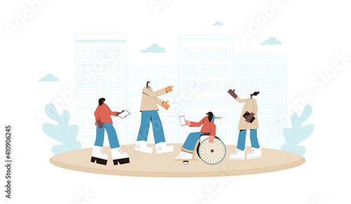 Female friends meeting. Young women spend time together. Persons wearing in casual clothes with phones walking at the street. Vector flat illustration.