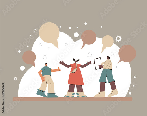 Two boys and girl with tablet. Cute kids wearing in casual clothes standing together with phone. Male and female children talking. Teenage friends spending time together. Vector flat illustration.
