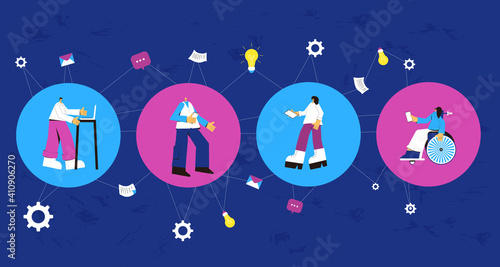 Online meeting. Digital communication. Coworkers talking to each others with computers, phones on internet. Remote teamwork during lockdown. Vector flat illustration.