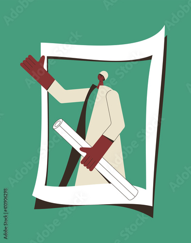 Constructor, builder man portrait. Male engineer or  architect in safety helmet isolated on white background. Vector flat illustration.