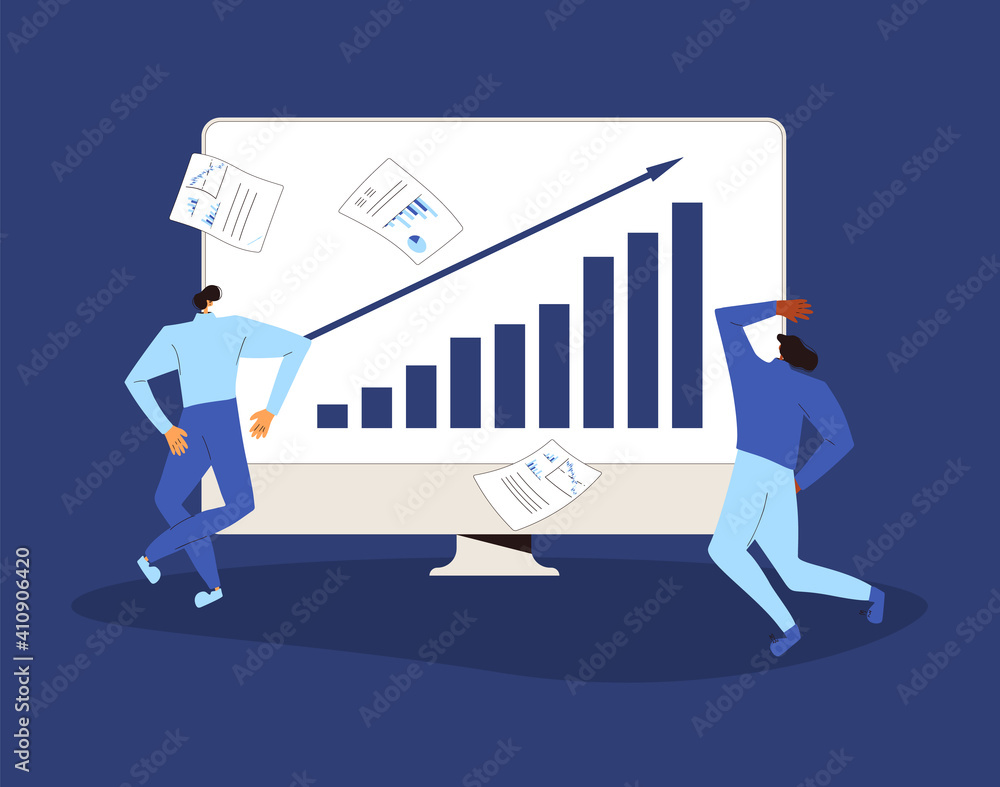 Lucky retail investors. Happy people dancing near a computer screen with graph of shares rally. Investment concept. Stock market boom. Minor shareholders getting money. Vector illustration. Lucky retail investors. Happy people dancing near a computer screen with graph of shares rally. Investment concept. Stock market boom. Minor shareholders getting money. Vector illustration.