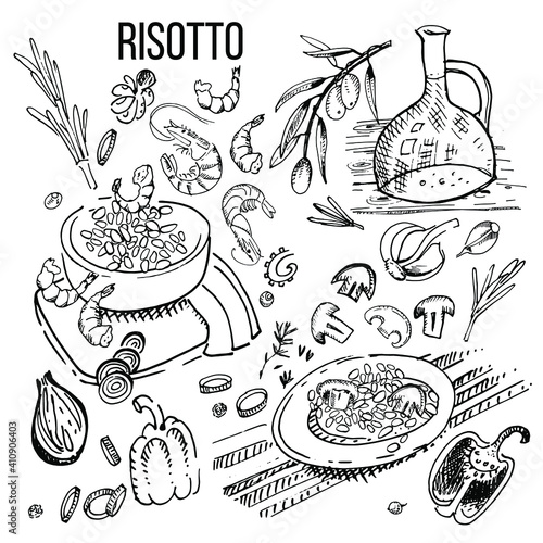 Risotto with seafood, mushrooms. Graphics, sketch, vector illustration.
