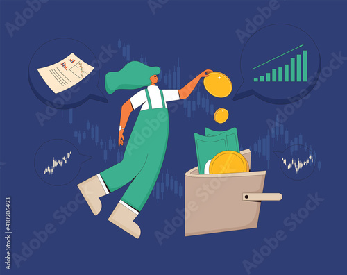 Index investing concept. Financial growth.  Stock market boom. Lucky retail investor. Minor shareholders getting money. Income. Vector flat illustration.