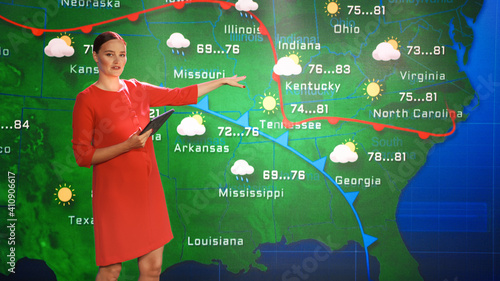 Cuadro en lienzo Live Weather News Studio with Professional Female On-Camera Meteorologist Standi