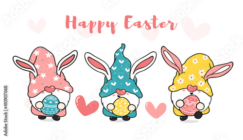 Three Cute sweet Easter Bunny gnome with rabbit ears, Happy Easter cartoon vector banner