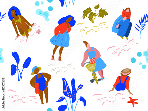 Different women on the beach, active and leisure. Seamless pattern for design, background, packaging. Vector illustration.