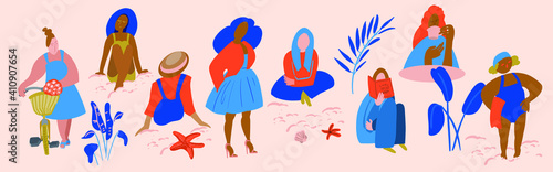 Big set isolated icons in blue and orange colors. Girl reads a book, woman near a bicycle, plump woman model, girl drinks coffee, women in swimwear, hats on the beach. Vector illustration.