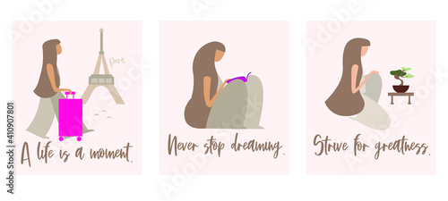 Postcards with phrases, lettering for every day. Girls, women and lifestyle. Vector illustration.