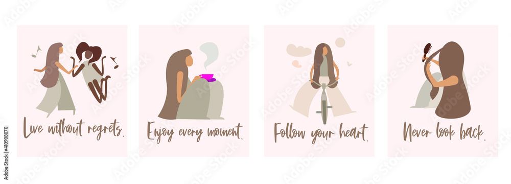 Postcards with phrases for every day. Girls, women and lifestyle. Vector illustration.