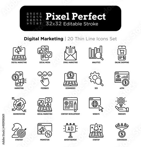 Digital marketing thin line icon set. Social media, advertising, e-mail marketing, e-commerce, online shopping, conversion, start up, promotion. Pixel perfect, editable stroke. Vector illustration