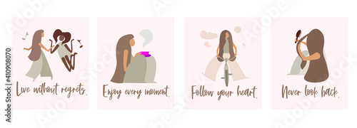 Postcards with phrases for every day. Girls, women and lifestyle. Vector illustration.