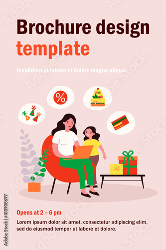 Mom and little daughter preparing for girls birthday party. Mother buying cake and gifts online flat vector illustration. Shopping  celebration concept for banner  website design or landing web page
