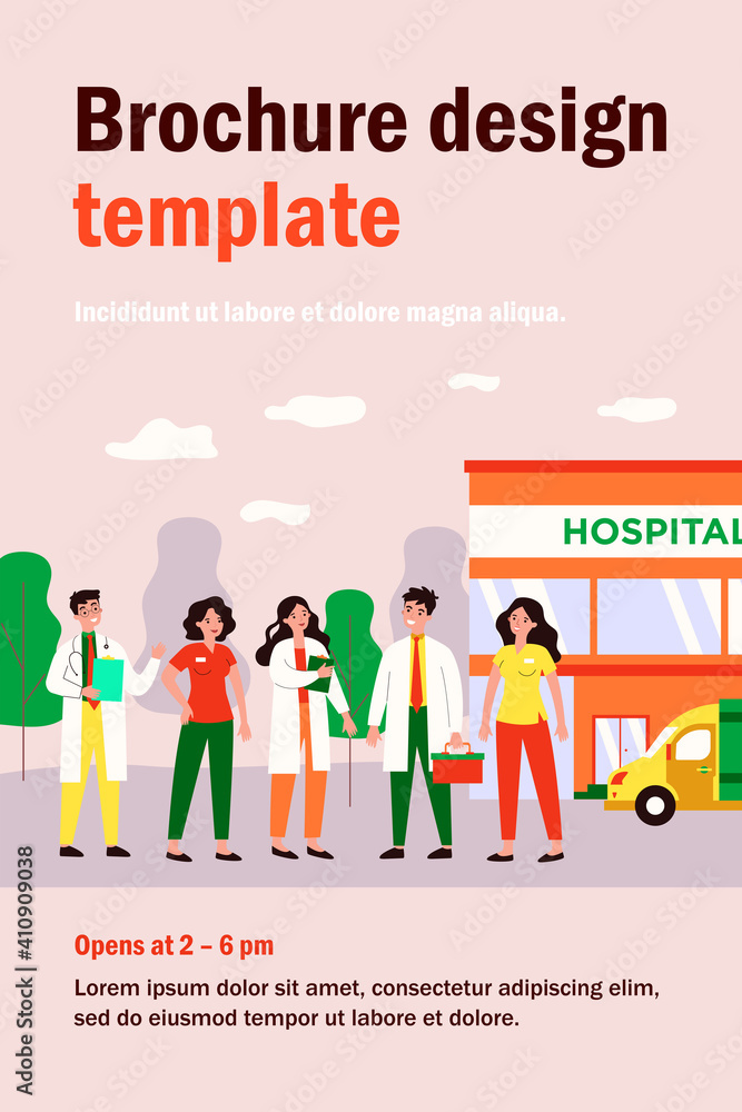 Affable medical team staff standing in clinic yard isolated flat vector illustration. Cartoon group of doctors and pharmacists near hospital building. Medicine and health concept Affable medical team staff standing in clinic yard isolated flat vector illustration. Cartoon group of doctors and pharmacists near hospital building. Medicine and health concept
