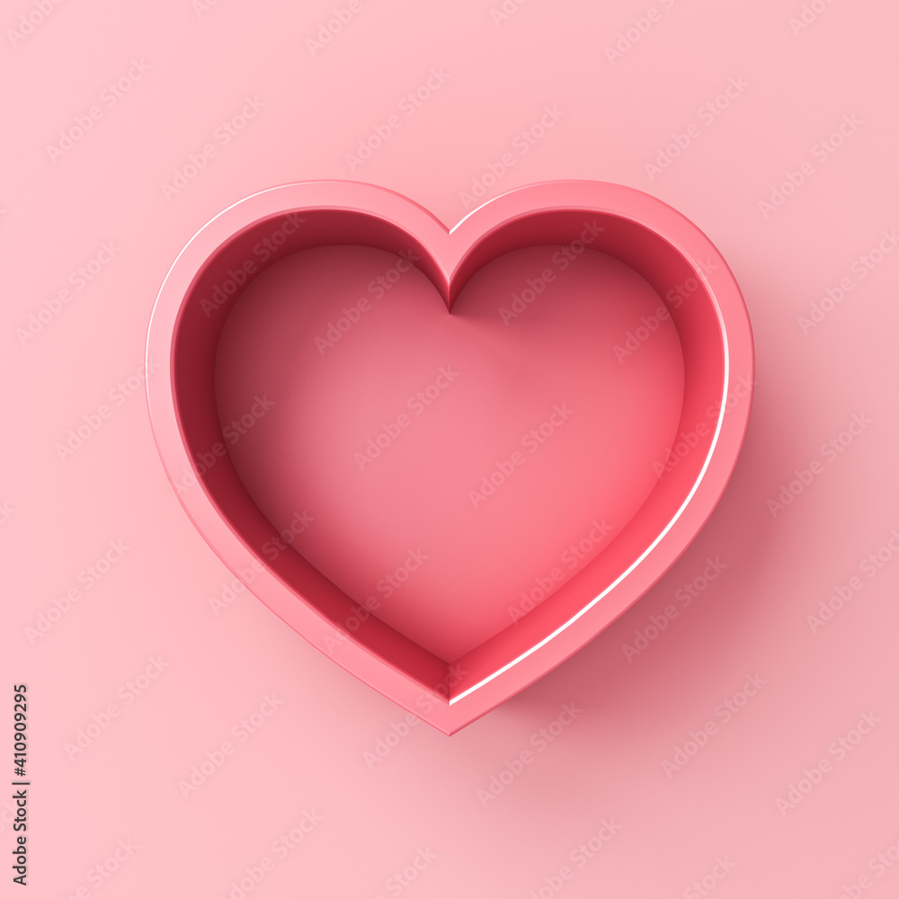 Blank pink love heart box isolated on pink pastel color background with shadow minimal conceptual 3D rendering
