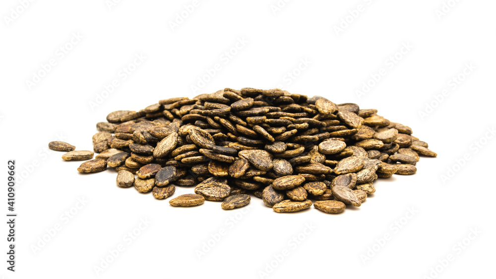 Pile of organic black diamond watermelon seeds isolated on white Pile of organic black diamond watermelon seeds isolated on white
