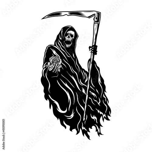 Death with scythe and flower emblem design. Monochrome element with skeleton wearing black hooded gown giving rose vector illustration. Horror and myth concept for symbols and labels templates