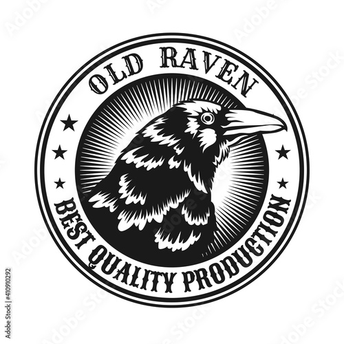 Old raven emblem design. Monochrome element with wild crow head vector illustration with text. Horror concept for stamps and labels templates