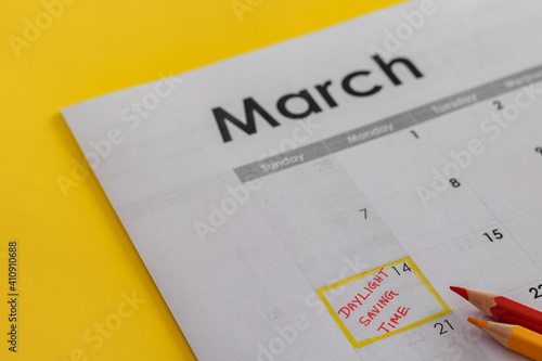 Calendar reminder on 14th March as the the daylight saving time starting that day. Selective focus on the text.
