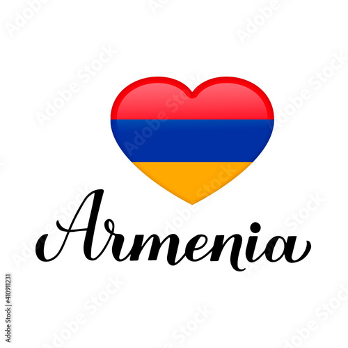 Armenia calligraphy hand lettering with national Armenian flag in heart shape  isolated on white background. Vector template for typography poster, postcard, banner, flyer, sticker, t-shirt.