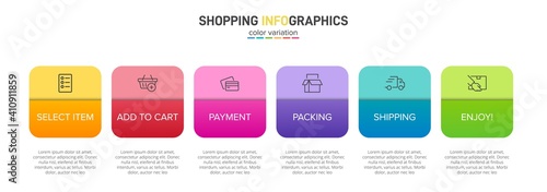 Concept of shopping process with 6 successive steps. Six colorful graphic elements. Timeline design for brochure, presentation, web site. Infographic design layout.