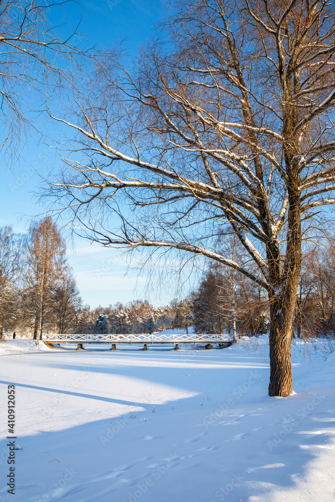 View of The Pumpviken park in winter, Mustio river, wooden bridge to the island and trees, Karjaa, Raseborg, Finland View of The Pumpviken park in winter, Mustio river, wooden bridge to the island and trees, Karjaa, Raseborg, Finland