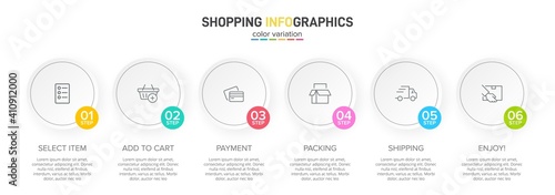 Concept of shopping process with 6 successive steps. Six colorful graphic elements. Timeline design for brochure, presentation, web site. Infographic design layout.